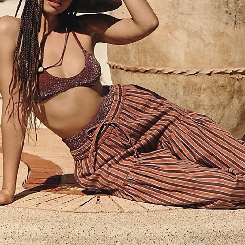 Striped Elastic-Waist Wide Leg Pants - Rust Stripe